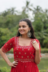 Fabulous Square Neck Design Red Color Zari Work Gown