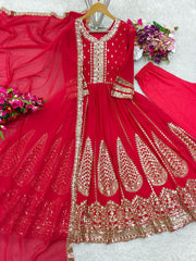 Wedding & Party Wear Embroidery Sequence Work Red Color Gown