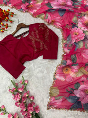 Gorgeous Flower Print With Work Pink Color Saree