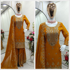 Fabulous Georgette Mustard Color Sharara Suit