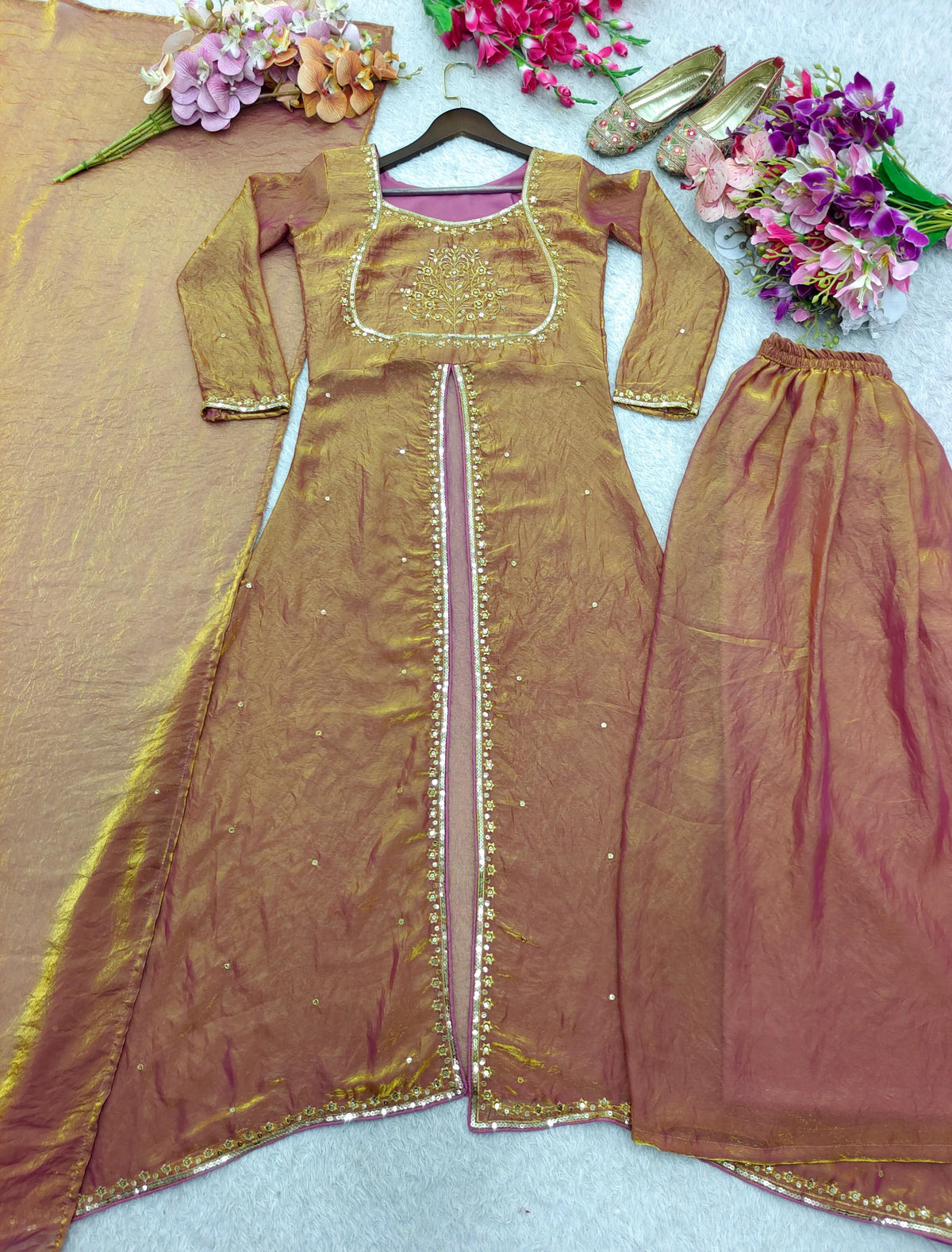 Alluring Brown Fendi Silk Work Sharara Suit