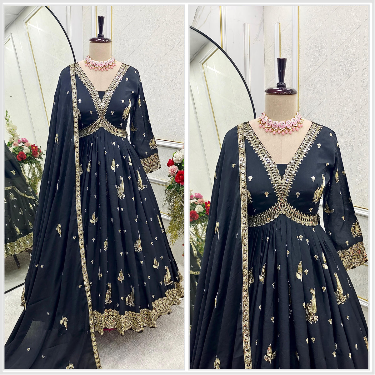 Flattering Embroidery Sequence Work Black Color Gown