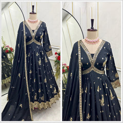 Flattering Embroidery Sequence Work Black Color Gown