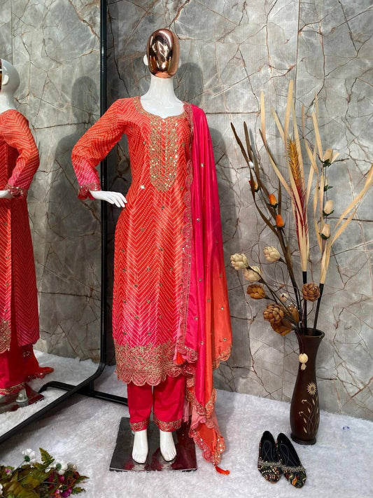 Precious Embroidery Work Orange With Pink Color Salwar Suit