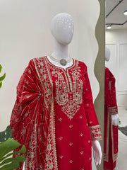 Heavy Work Red Color Roman Silk Salwar Suit