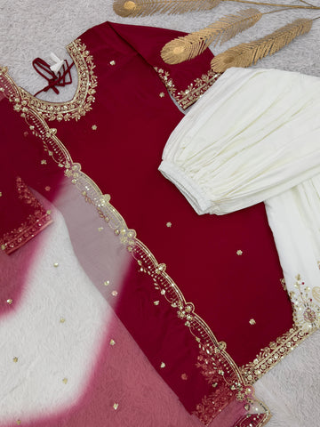 Lovely Maroon Crepe Sequence Work Sharara Suit
