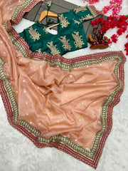Wonderful Embroidery Work Peach Color Designer Saree