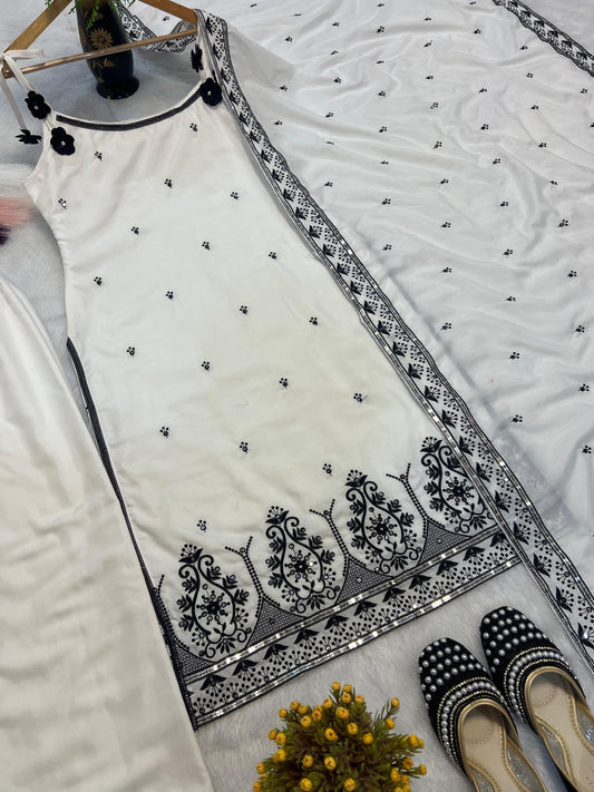Glorious White Cotton Silk Embroidery Palazzo Suit