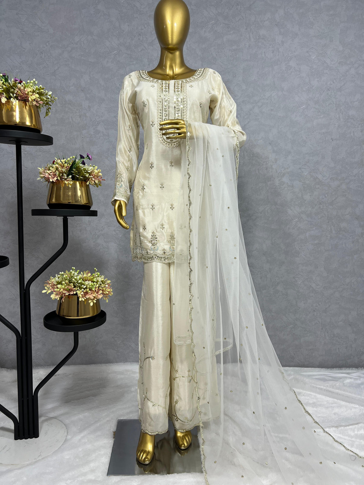 Fantastic Sequence Work Cream Color Sharara Suit