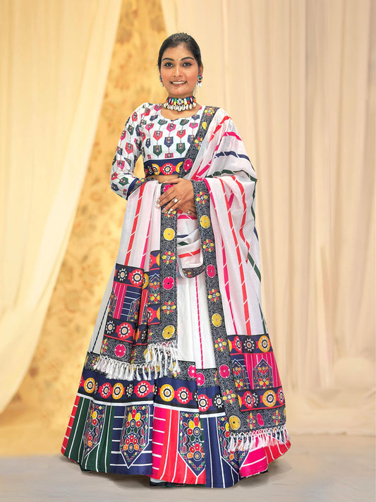 Awesome White Satin Digital Print Lehenga
