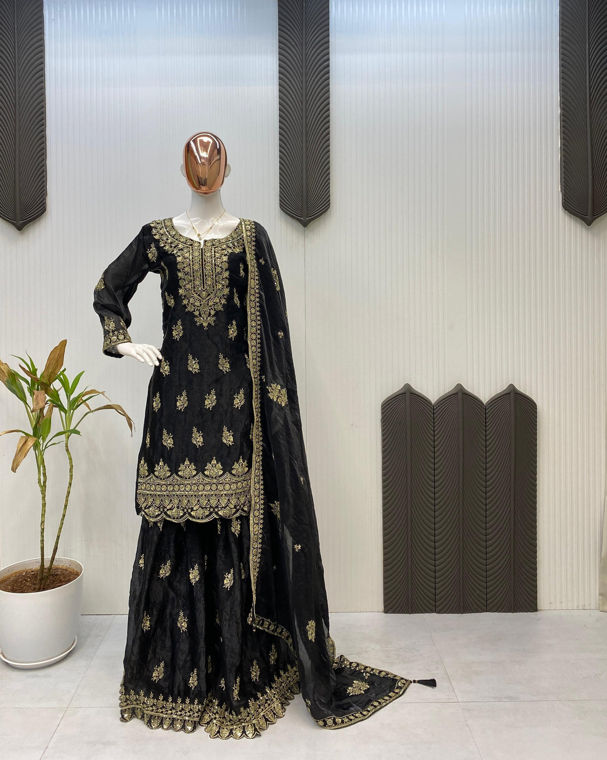 Ravishing Black Fendy Embroidery Work Sharara Suit