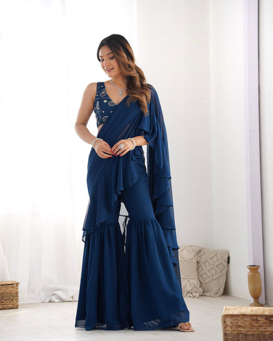 Stylish Teal Blue Draped Saree