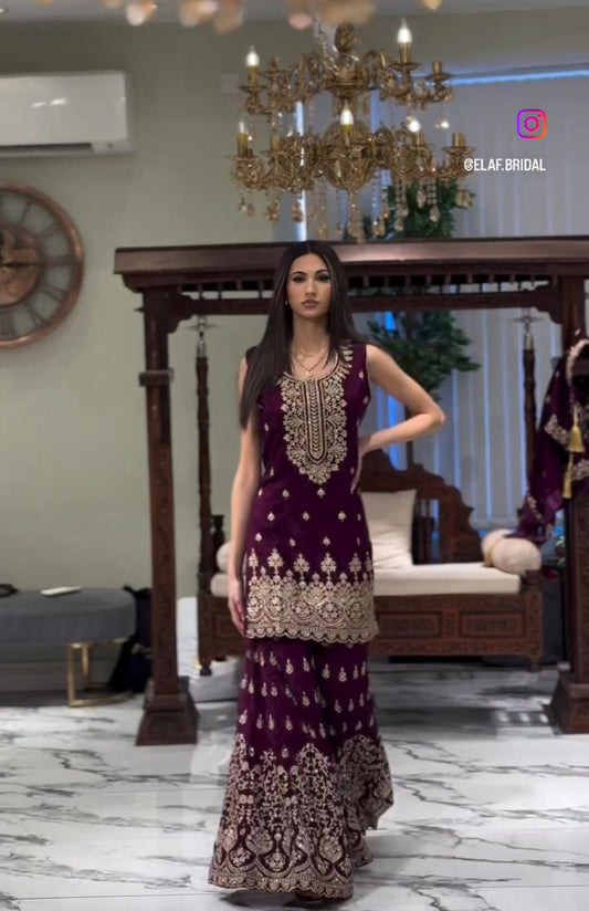 Fabulous Georgette Wine Color Sharara Suit