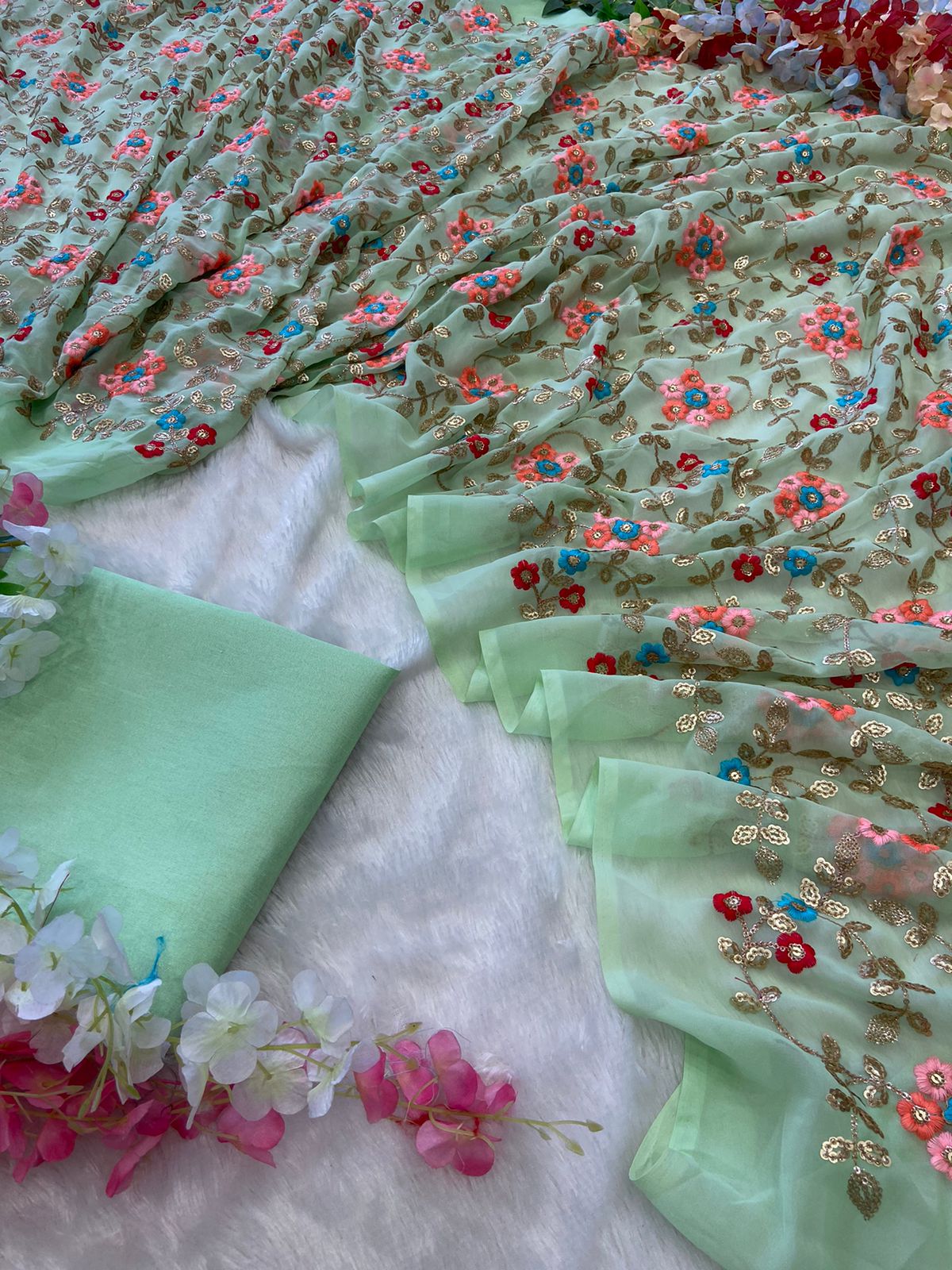 Multi Sequence Work Pista Color Saree