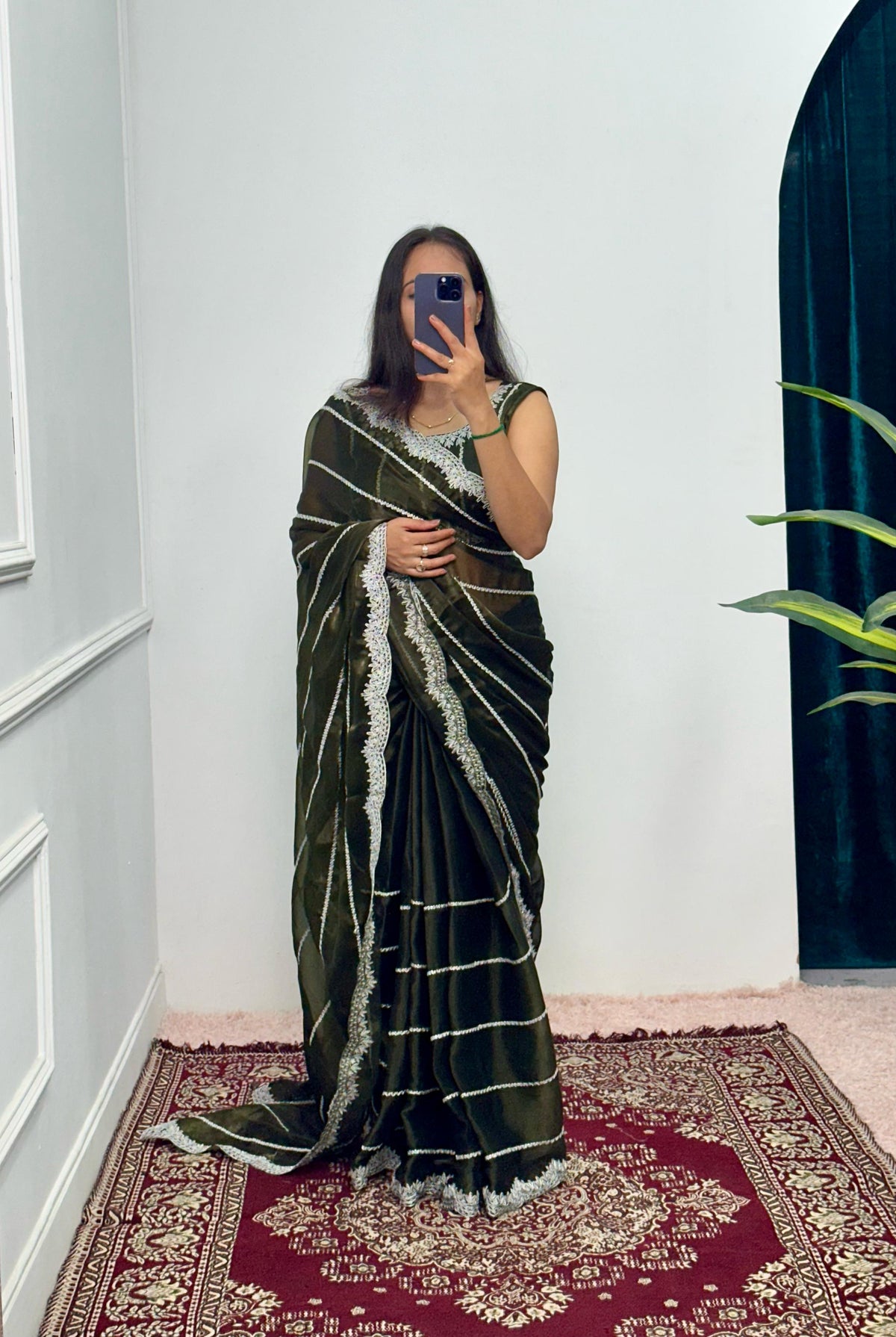 Peaceful Embroidery Zari Work Mehndi Color Saree