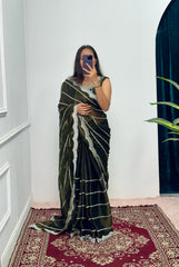 Peaceful Embroidery Zari Work Mehndi Color Saree