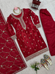 Wonderful Chinon Silk Red Color Salwar Suit