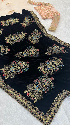 Designer Black Velvet with Dori Work Net Saree