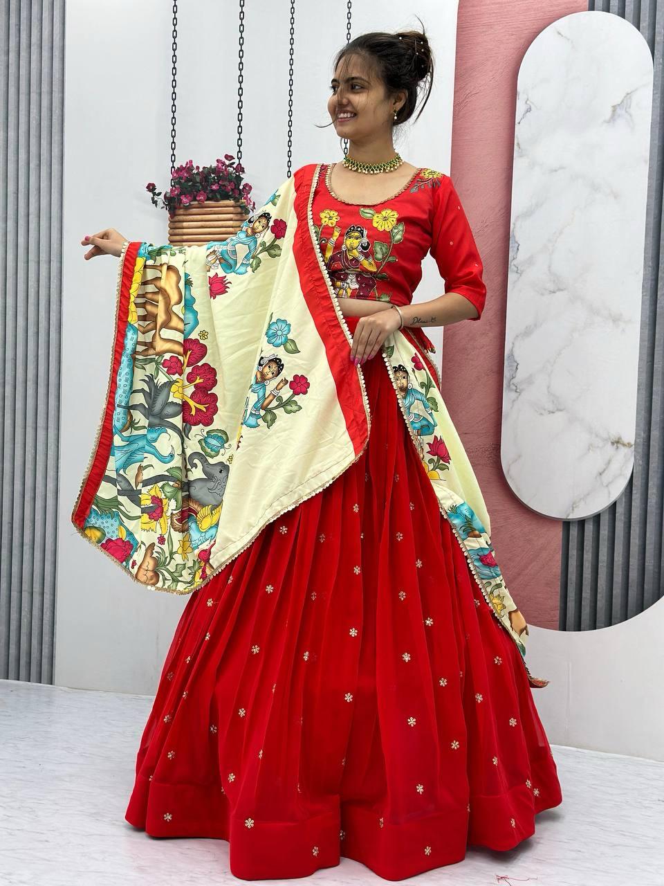 Lovely Kalamkari Print Real Handwork Red Color lehenga choli