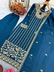 Precious Chinon Silk Embroidery Work Teal Blue Salwar Suit