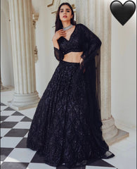 Wedding & Party Wear Sequins And Dori Work Black Color Lehenga Choli