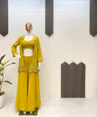 Haldi Wear Yellow Color Palazzo Suit  With Work Koti
