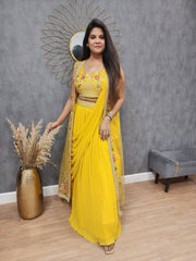 Designer Georgette Yellow Color Lehenga Saree With Koti
