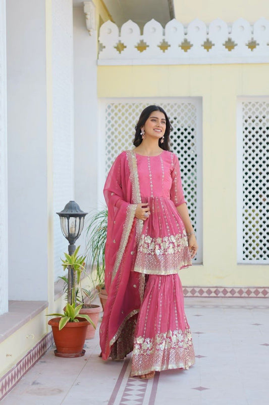 Graceful Sequence Work Pink Color Sharara Suit