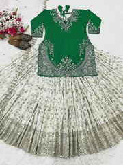 Outstanding Embroidery Work Green Color Top With Lehenga
