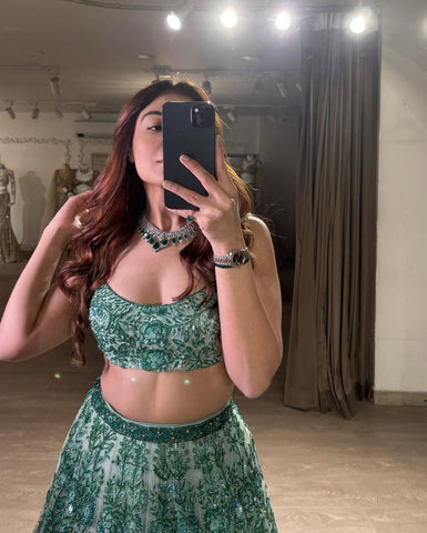 Green Color Embroidered Bridal Lehenga Choli Set