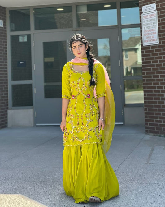 Stylish Green Georgette Sequence Work Sharara Suit