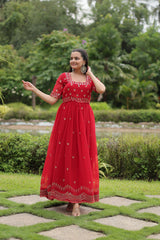 Fabulous Square Neck Design Red Color Zari Work Gown