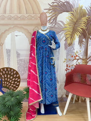 Lovely Blue Georgette Embroidery Work Gown