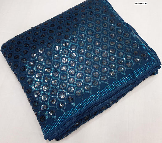 Awesome Georgette Sequins Work Teal Blue Color Saree