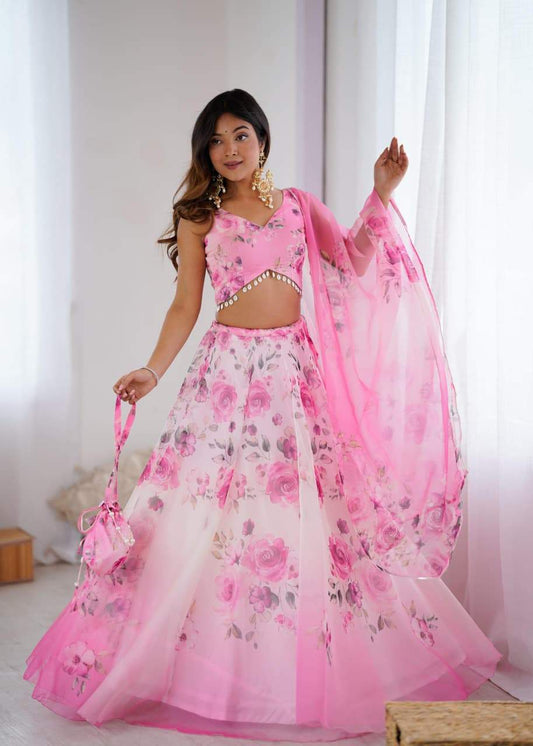Glorious Pink Organza Digital Printed Lehenga Choli