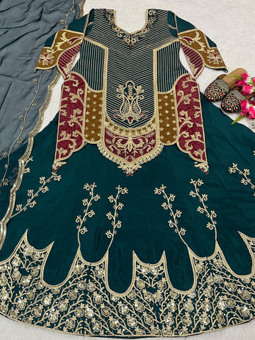 Traditional Wear Heavy Work Green Color Top With Lehenga