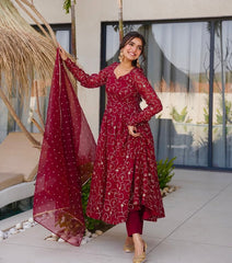 Lovely Red Sequence Work Georgette Gown