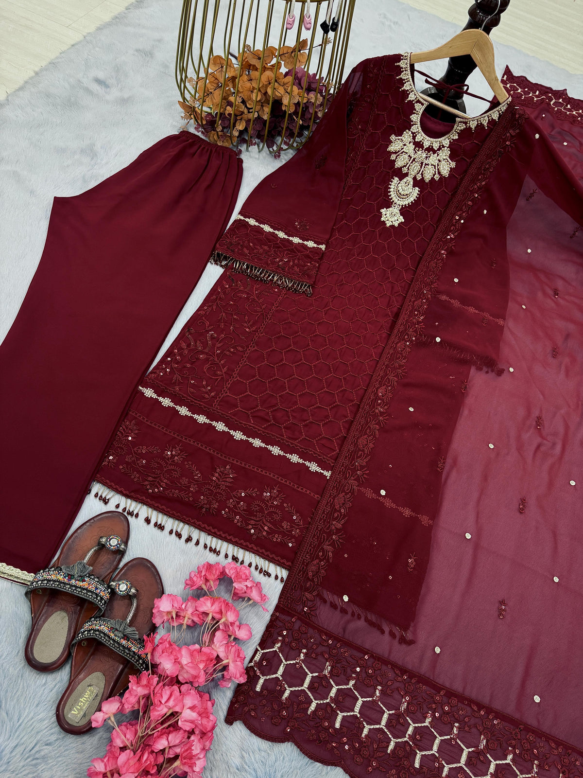 Fantastic Embroidery Sequence Work Maroon Color Plazzo Suit