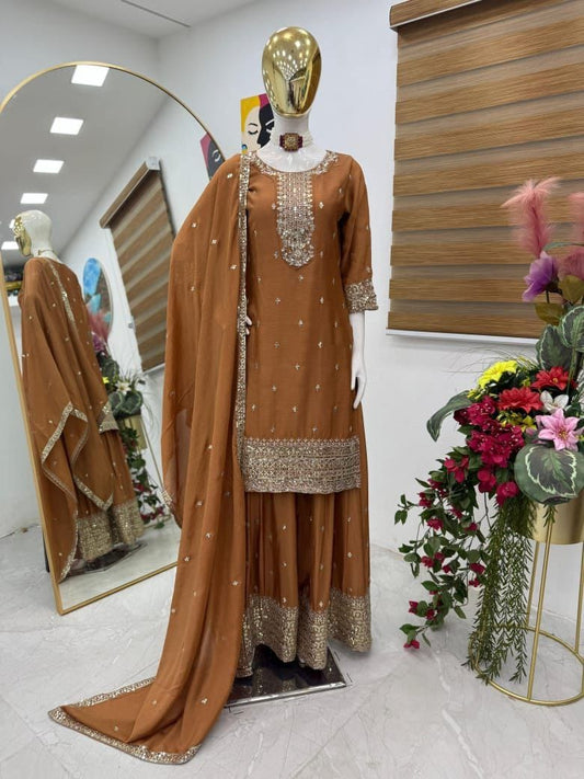 Designer Brown Color Heavy Work Chinon Silk Palazzo Suit
