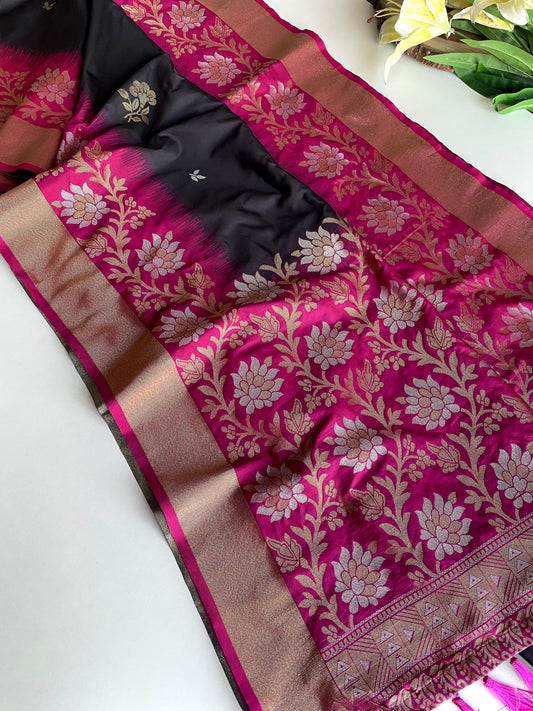 Pretty Tone Silk Black & Purple Color saree
