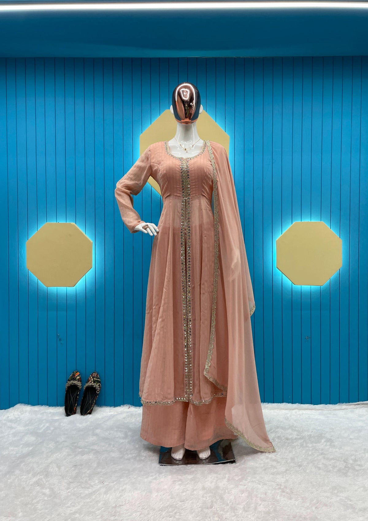 Demanding Embroidery Work Peach Color Top Palazzo With Dupatta