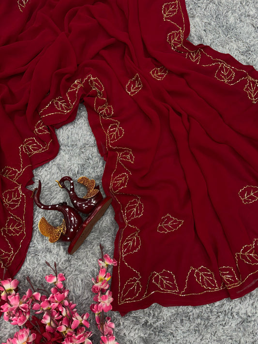 Beautiful Leaf Design Red Color Georgette Saree