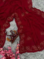 Beautiful Leaf Design Red Color Georgette Saree