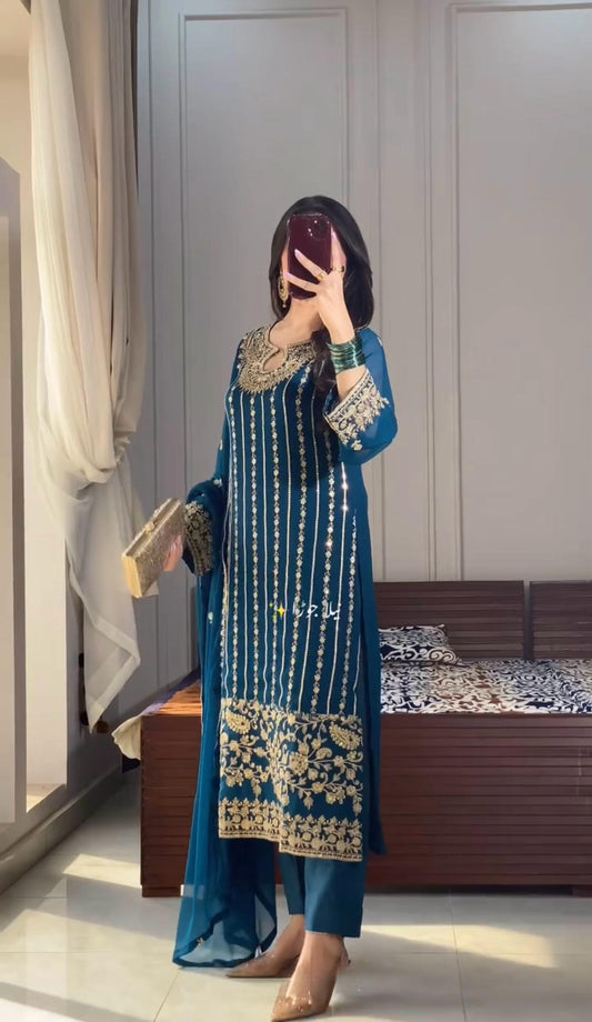 Precious Chinon Silk Embroidery Work Teal Blue Salwar Suit