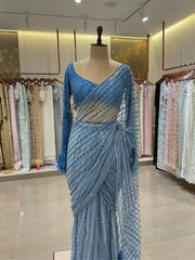 Wedding & Party Wear Blue Color Embroidery Work Saree