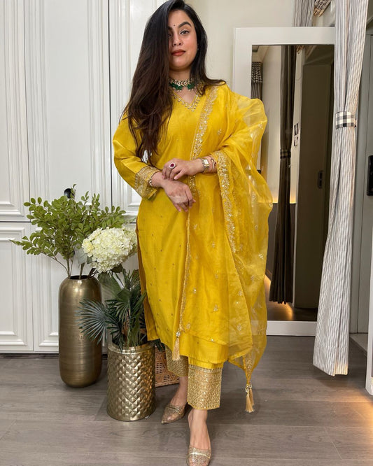 Good Looking Roman Silk Yellow Color Salwar Suit