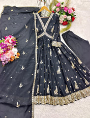 Flattering Embroidery Sequence Work Black Color Gown