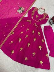 Marvelous Pink Georgette Thread Work Gown