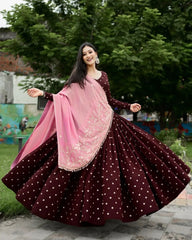 Daisy Maroon Poly Rayon Sequence Work Lehenga Choli
