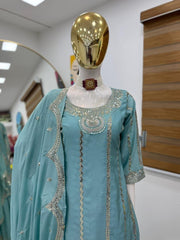 Designer Sky Blue Color Heavy Work Chinon Silk Palazzo Suit